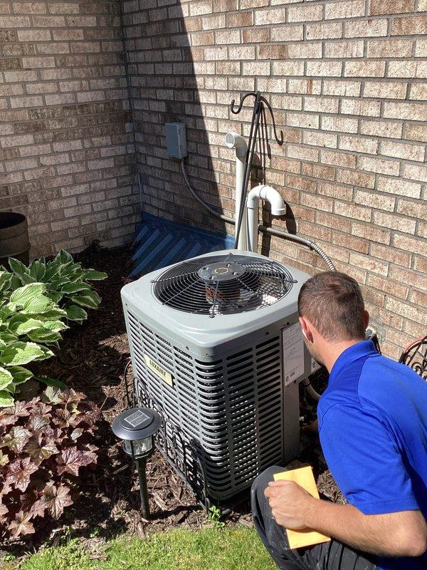 Assessed 13-year-old residential HVAC system found to be empty on refrigerant. Provided comprehensive replacement estimate for outdoor condensing unit and indoor air handler due to age and refrigerant loss. Customer declined leak search service and requested equipment replacement quotes instead.