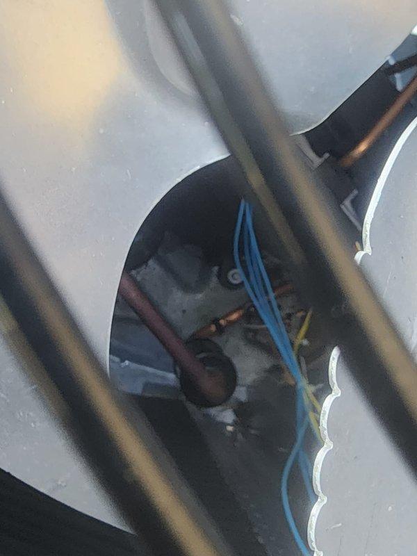 Completed routine maintenance on residential air conditioning system. Performed condenser coil cleaning using water hose to remove debris and ensure optimal heat transfer efficiency. Inspected refrigerant lines, electrical connections, and internal components through access panel, verifying proper wire routing and system integrity. Unit operational and ready for cooling season.