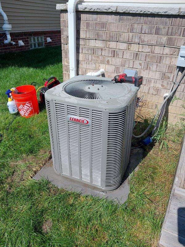 Completed scheduled maintenance on a Lennox air conditioning system over 10 years old. Performed comprehensive inspection of the outdoor condenser unit, checked refrigerant lines, verified proper operation of the fan assembly, and tested electrical connections at the disconnect box. Inspected condensate drainage system and confirmed all components were functioning properly, with the unit operating within normal parameters upon completion.