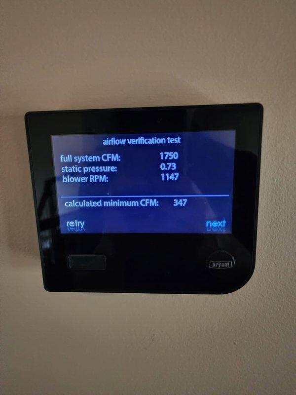 Completed installation of two identical Bryant air conditioning units with matching evaporator coils in residential basement location. Each system was installed with new refrigerant lines, electrical connections, and condensate drainage. Integrated air scrubber units on both systems for enhanced indoor air quality. Performed airflow verification testing on primary system, confirming 1750 CFM at 0.73" static pressure with blower operating at 1147 RPM, exceeding calculated minimum requirement of 347 CFM. Repaired leaking pipe in mechanical room as requested. All systems commissioned, tested, and left in proper operating condition.