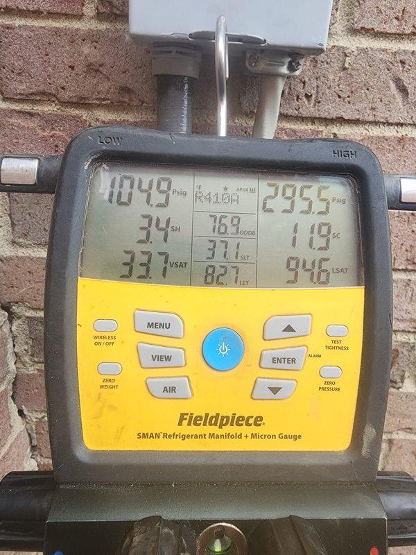 Completed scheduled maintenance on residential air conditioning system. Performed system releveling to ensure proper unit positioning and drainage. Conducted comprehensive maintenance inspection including refrigerant pressure analysis using digital manifold gauges, which confirmed R410A system operating within manufacturer specifications at 107.9 psig low side and 295.5 psig high side pressure. Inspected condenser coil assembly and verified fins were clean and free of debris, ensuring optimal heat transfer efficiency. All system parameters tested normal with appropriate temperature differentials observed across the unit.