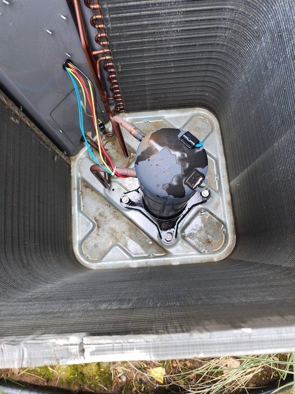 Completed preventive maintenance service on outdoor air conditioning condenser unit under Worry Free Service Agreement. Performed comprehensive system inspection including examination of compressor, refrigerant lines, electrical connections, and condensate drain pan. All copper refrigerant lines verified intact with proper insulation, compressor operating within normal parameters, and electrical connections secure with no signs of overheating or corrosion. Drain pan showing normal condensate staining consistent with regular operation. Unit exterior cleaned and top cover properly secured following inspection.