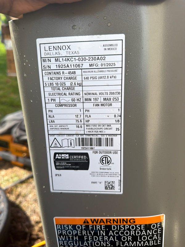 Completed installation of Lennox ML14KC1-030-230A02 air conditioning system with R-454B refrigerant. Unit was installed outdoors and connected to existing indoor furnace via copper refrigerant lines and electrical disconnect. All electrical connections completed per manufacturer specifications at 208/230V, 1-phase, 60Hz operation. System tested and verified operational with proper compressor amperage draw and refrigerant pressures within factory specifications.
