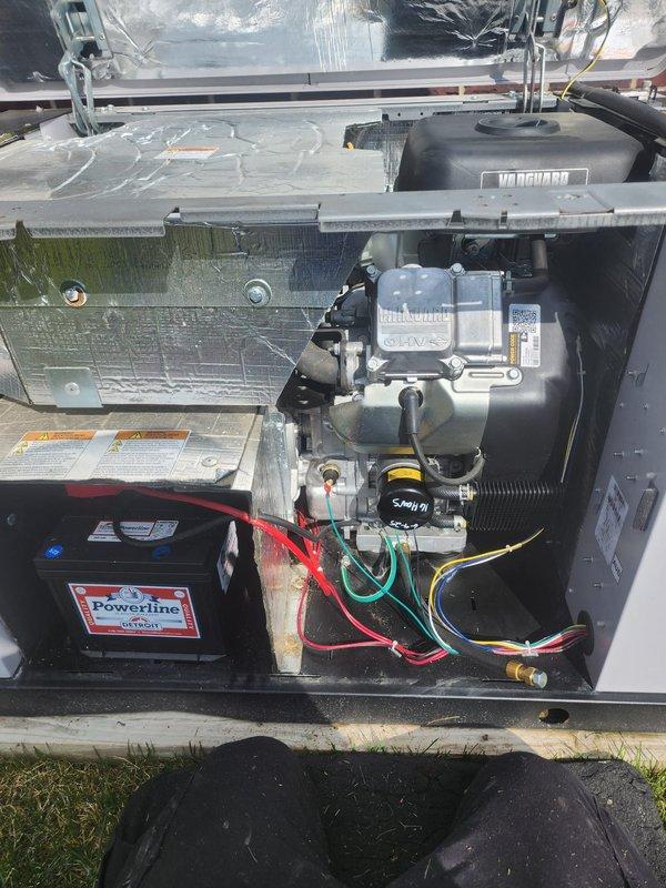 Performed routine preventive maintenance on standby generator unit equipped with Vanguard engine. Inspected and serviced engine components, verified battery connections and charge status on Powerline Detroit battery, and examined all electrical connections including control wiring. Removed and replaced spark plugs as part of scheduled maintenance interval, documented component conditions through photographic records, and confirmed proper operation of all mechanical and electrical systems upon completion.