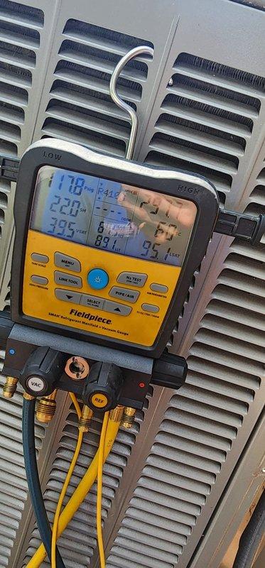 Completed scheduled AC maintenance on residential condensing unit. Connected diagnostic gauges to measure system pressures and temperatures, verifying proper refrigerant charge and operating parameters. All readings within manufacturer specifications. Inspected condenser coil, fan operation, and electrical connections. Unit operating efficiently with no issues identified.