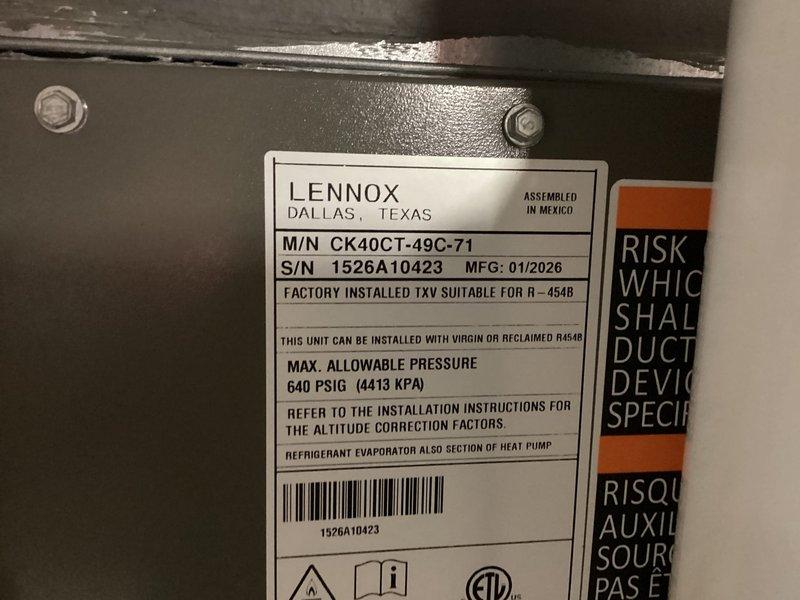 Completed full HVAC system installation including Lennox CK40CT-49C-71 air conditioning unit with R-454B refrigerant, gas furnace, whole-home humidifier, and S40 smart thermostat. All equipment installed to manufacturer specifications with proper venting, drainage, electrical connections, and refrigerant charging verified for optimal system performance.