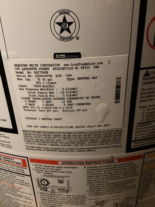 Completed warranty service on Bradford White water heater model RG275B6N to bring relief valve discharge pipe into compliance with Chapter 28 of the 2015 State of Michigan Residential Code. Inspected installation, verified proper discharge piping configuration, and documented work with photographs per warranty requirements.