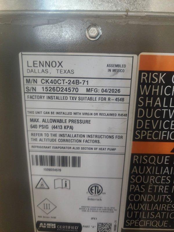 Responded to possible recall notice for TXV replacement on recently installed Lennox CK40CT-24B-71 system manufactured 04/2026 with factory-installed TXV suitable for R-454B refrigerant. Replaced thermostatic expansion valve per manufacturer recall guidelines, verified proper operation of system components, and documented equipment serial number 1526D24570 for warranty tracking purposes.