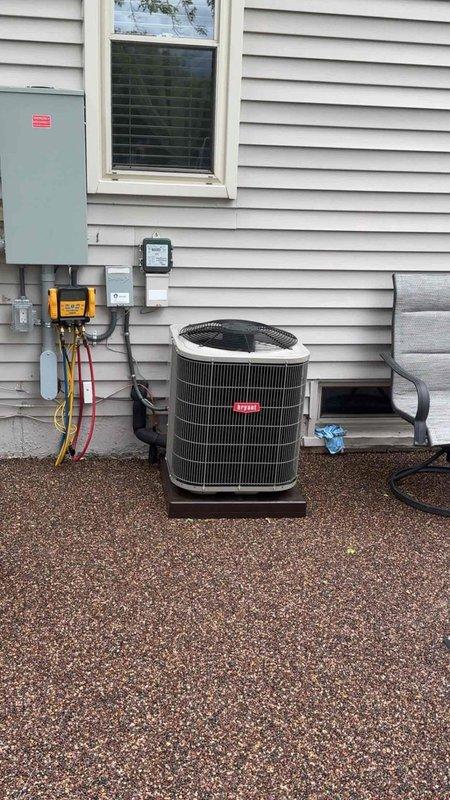 Reconnected residential air conditioning system units 1-5 and restored power to the outdoor condenser. Verified proper electrical connections at disconnect box, confirmed refrigerant line connections were secure, and tested system operation to ensure cooling cycle initiated correctly.