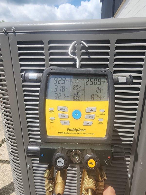 Responded to callback for non-operational air conditioning system. Upon arrival, performed diagnostic testing and discovered severe corrosion and oxidation on electrical disconnect panel terminals and fuse blocks, indicating prolonged exposure to outdoor elements. Measured system temperatures and pressures using digital gauges to verify refrigerant levels and operational parameters. Inspected electrical connections and found compromised contacts due to rust buildup on metal components and mounting hardware. Cleaned corroded terminals, tightened all electrical connections, and verified proper voltage supply to outdoor condensing unit. System restored to normal operation with proper temperature differential readings confirmed on diagnostic equipment.