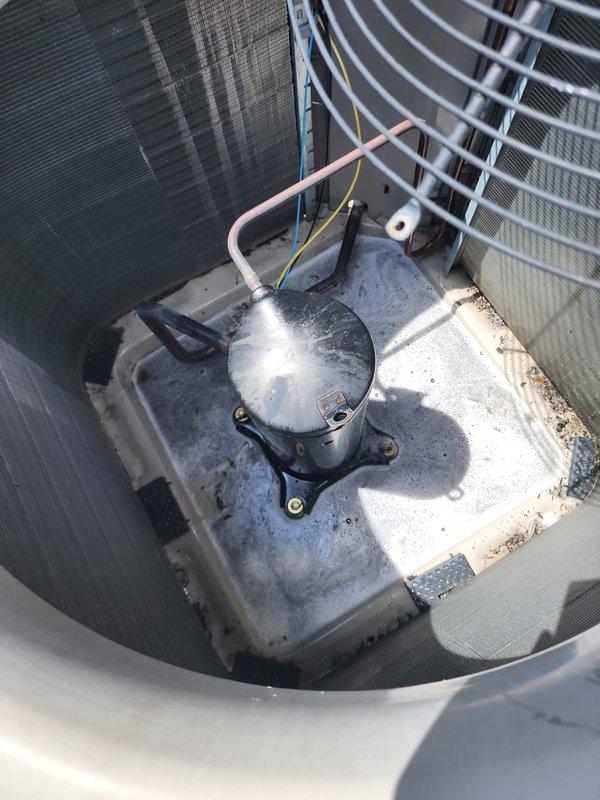 Completed scheduled cooling system tune-up on outdoor air conditioning condenser unit. System was operational upon arrival and confirmed to be working properly. Performed comprehensive maintenance including inspection of compressor, refrigerant lines, condenser coils, and fan assembly. Cleaned base pan of accumulated debris and environmental buildup. Verified proper operation of all components, checked electrical connections, and ensured unit is functioning within normal parameters for continued reliable cooling performance.