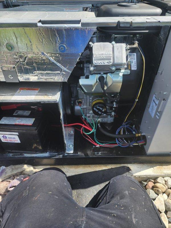 # Generator Maintenance Service

Performed scheduled preventive maintenance on residential standby generator system. Conducted comprehensive inspection of unit including gas valve assembly, electrical connections, and internal components. Removed and inspected spark plugs, which showed normal wear patterns consistent with regular operation. Verified all wire connections including red, blue, and yellow control wiring to gas valve were secure and properly terminated. Inspected external housing and verified unit was properly positioned on concrete pad with adequate ventilation. Checked manufacturer labels and warning placards for visibility and legibility. All systems tested and confirmed operational. Unit returned to service with no deficiencies noted.