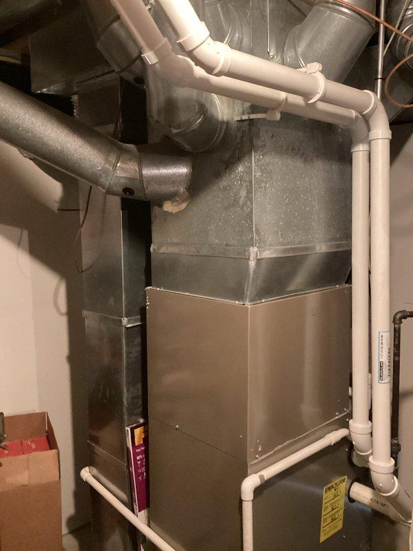 Provided comprehensive estimate for full HVAC system replacement of existing 2011 equipment currently installed in basement utility area. Evaluated operational gas furnace with air handler unit, assessed existing ductwork configuration, PVC condensate drainage system, and venting infrastructure to determine replacement specifications and equipment requirements. Documented current system layout including multiple duct branches and properly routed condensate lines for accurate proposal preparation.