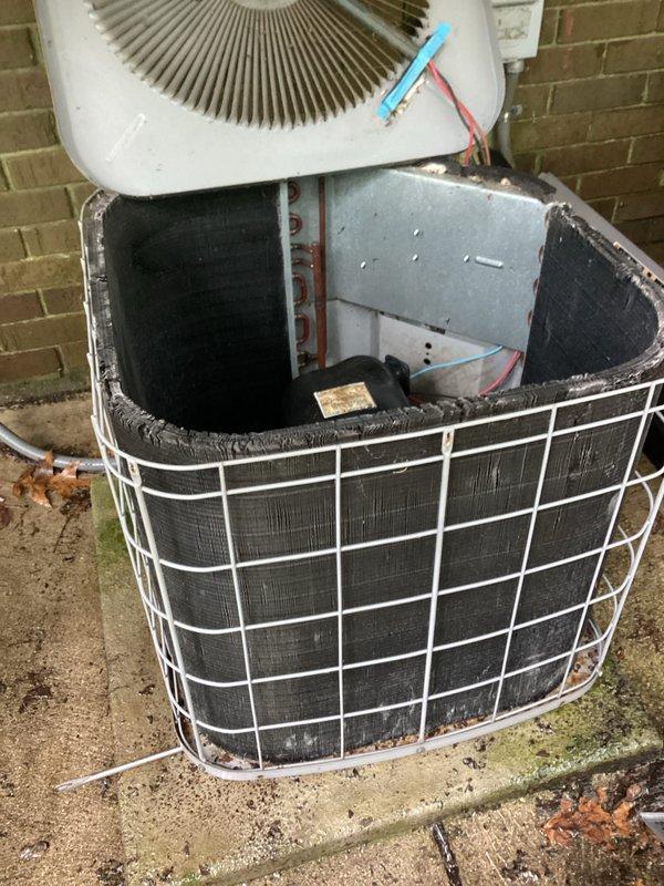 Completed routine preventative maintenance on two residential air conditioning systems. Performed comprehensive inspection of both outdoor condenser units, including removal of top panels to access internal components, inspection of electrical connections and wiring, examination of condenser coils for debris accumulation, and assessment of overall unit condition. Both systems were found to be operational with typical weathering consistent with outdoor exposure.