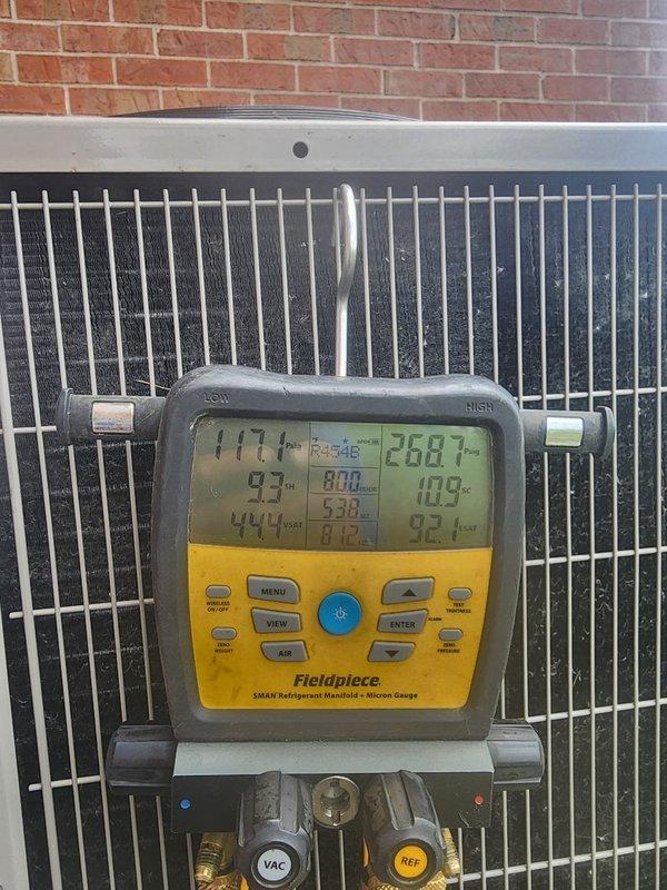 Responded to service call for complete refrigerant loss due to damaged refrigerant line set. Upon arrival, confirmed copper line set had been severed during lawn maintenance activities, resulting in total system evacuation. Repaired damaged refrigerant line, pressure tested system for leaks, evacuated to proper micron level using manifold gauges, and recharged system to manufacturer specifications. Verified proper system operation and temperature differential across coil before completing service.