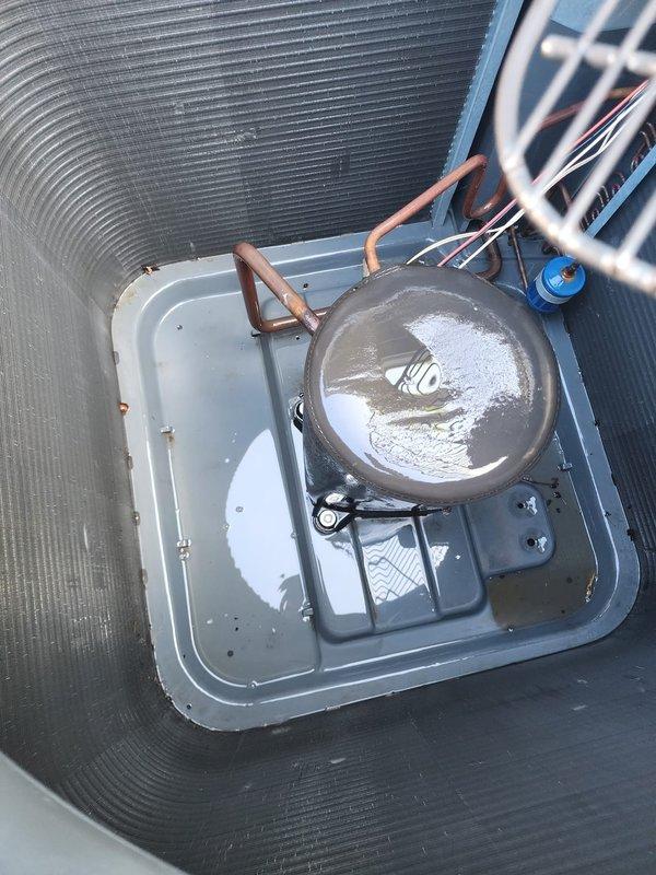 Completed routine cooling season maintenance on residential air conditioning system. Performed comprehensive inspection of outdoor condensing unit, verified proper operation of compressor and fan motor, checked refrigerant levels and pressures, cleaned condenser coils, and inspected drain pan and condensate drainage system. All components found operating within normal parameters. Customer renewed Worry Free Service Agreement with technician during visit.