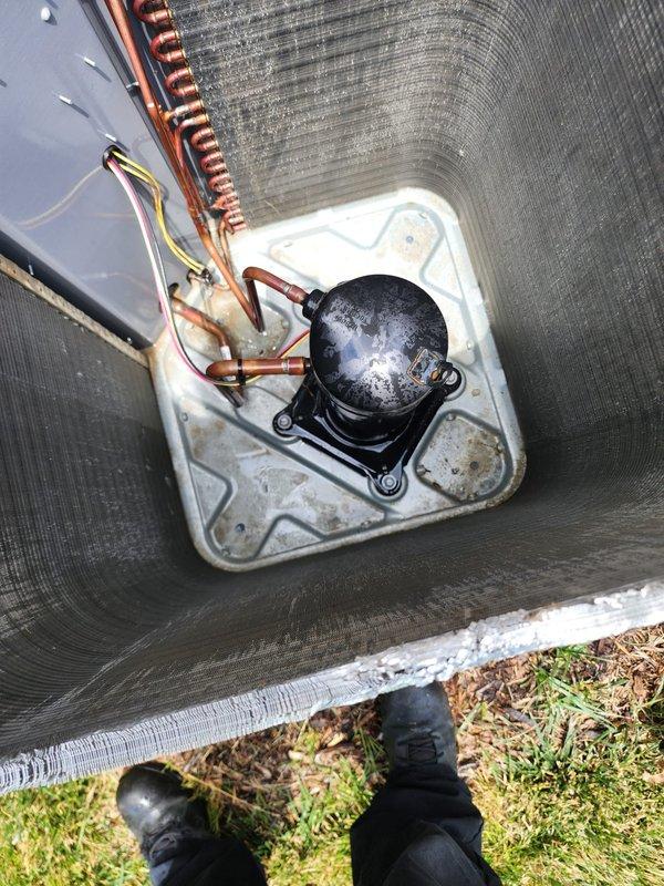 Completed comprehensive AC tune-up on five-year-old outdoor condenser unit located at rear of residence. Performed standard maintenance inspection including examination of compressor, refrigerant lines, electrical connections, and overall system condition. Unit found to be operating within normal parameters with typical wear for age; all components functioning properly and system ready for continued service.