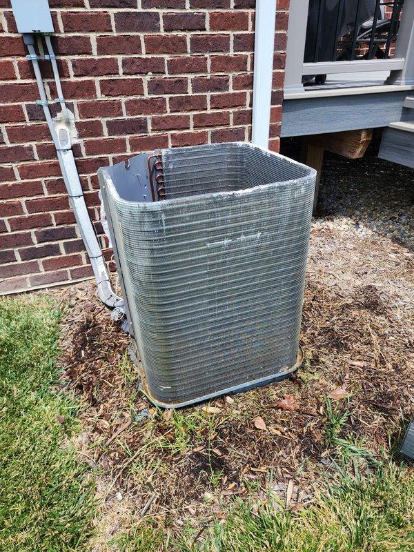 Completed comprehensive AC tune-up on five-year-old outdoor condenser unit located at rear of residence. Performed standard maintenance inspection including examination of compressor, refrigerant lines, electrical connections, and overall system condition. Unit found to be operating within normal parameters with typical wear for age; all components functioning properly and system ready for continued service.