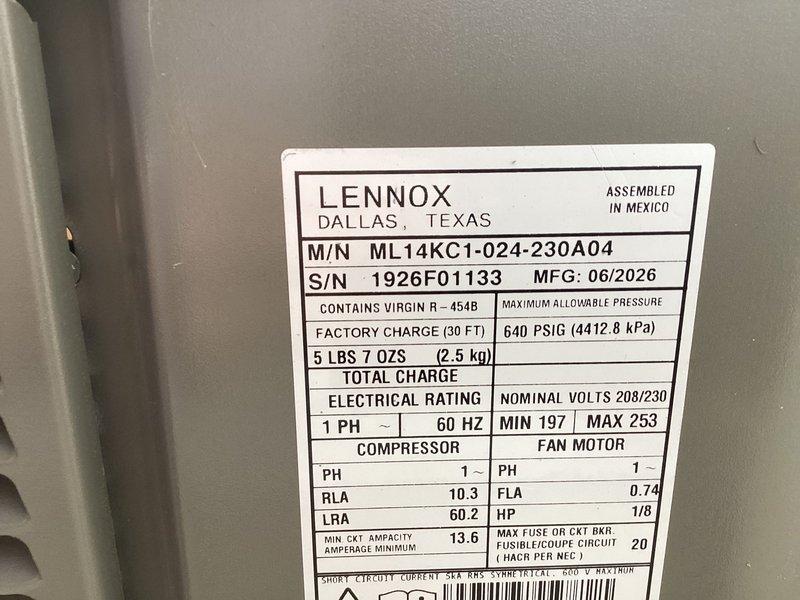 Completed full HVAC system installation including outdoor condensing unit and indoor air handler components. Installed Lennox ML14KC1-024-230A04 model condenser with factory charge of R-454B refrigerant, verified electrical connections at 208/230V single-phase power supply, and confirmed all manufacturer specifications for proper operation.