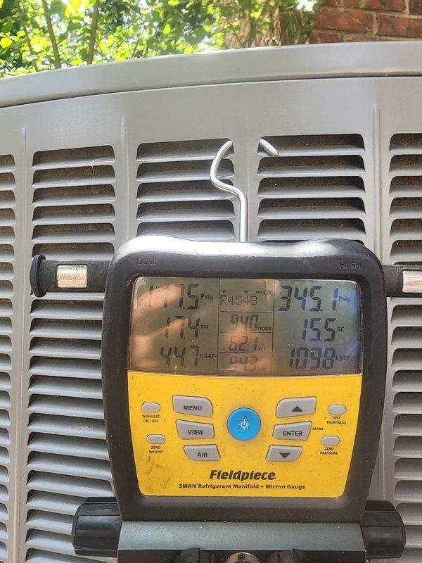 Responded to customer request for system evaluation after previous cooling issue that self-resolved. Performed comprehensive diagnostic inspection of outdoor condensing unit. Measured refrigerant pressures using digital manifold gauges, with readings of 345 PSI high side and 155 PSI low side, indicating normal operating parameters. Verified proper system operation and confirmed unit is functioning correctly with no immediate concerns identified.