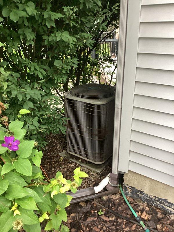 Conducted replacement estimate for a 24-year-old non-operational air conditioning system located on exterior of residence. Unit positioned in landscaped area with surrounding vegetation, accessible via side yard with established concrete pad. Documented existing equipment condition, photographed current installation including condenser unit and associated piping, and assessed site requirements for complete system replacement.