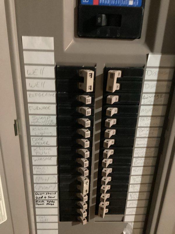 Conducted comprehensive electrical assessment for generator integration at residential property. Documented existing 200-amp main service panel configuration, circuit breaker layout, and current electrical distribution system serving well pump, HVAC equipment, refrigeration, and sump pump circuits. Photographed panel directory labeling, breaker positions, and available capacity for determining optimal generator transfer switch installation location and required electrical modifications to accommodate automatic standby generator system.