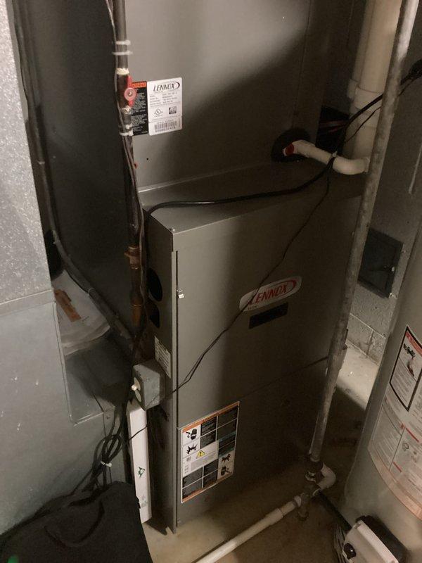 Performed estimate on Lennox furnace system for control board replacement. Inspected unit installed in basement utility area, documented existing equipment configuration including refrigerant lines, PVC drainage, and electrical connections. Provided quote for control board replacement with estimated completion timeframe.