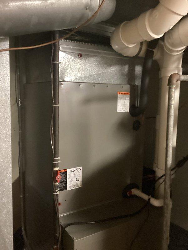 Performed estimate on Lennox furnace system for control board replacement. Inspected unit installed in basement utility area, documented existing equipment configuration including refrigerant lines, PVC drainage, and electrical connections. Provided quote for control board replacement with estimated completion timeframe.