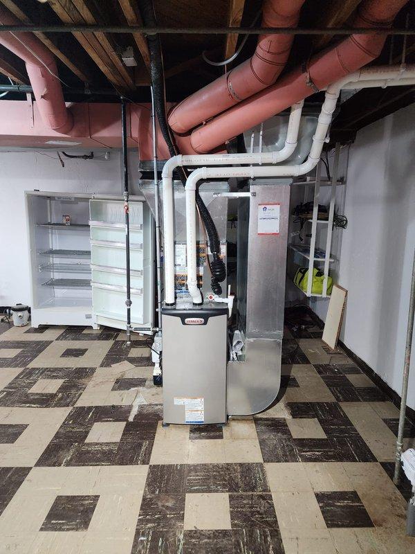 Completed full HVAC system installation including Lennox furnace (model EL297UH070XV36BK-02, S/N 5926F08211), air conditioner, and Ecobee6 thermostat. Installed new chimney liner for proper venting, removed existing humidifier per sales specifications, and verified all equipment operational with manufacturer documentation left on-site for homeowner reference.