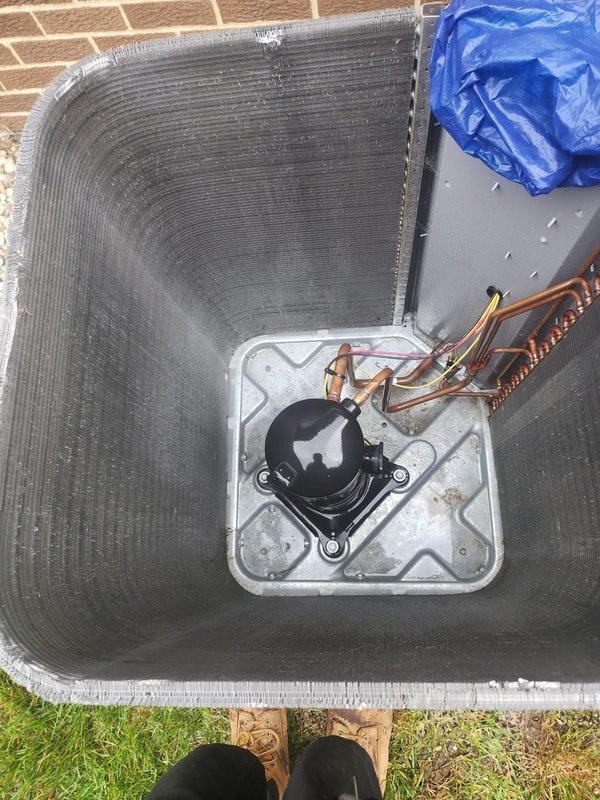 Responded to priority no-cooling call for residential air conditioning system. Upon arrival, found outdoor condenser unit with damaged protective grille bent inward, indicating possible impact or physical damage to equipment. Performed diagnostic inspection of condenser unit and refrigerant lines. Assessed compressor operation and verified copper refrigerant line connections. Protected equipment with covering during service work. System evaluated for cooling capacity restoration to ensure comfort for occupant with urgent medical needs.