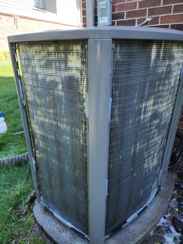 Completed comprehensive summer maintenance on 8-year-old outdoor air conditioning system. Performed standard AC tune-up procedures including inspection of condenser unit, which showed significant accumulation of dirt, debris, and grime on exterior grilles and fins requiring cleaning. Inspected internal components including heat exchange coils, refrigerant lines, pressure bladder, and electrical connections—all found to be in satisfactory operating condition with no issues identified or repairs needed.