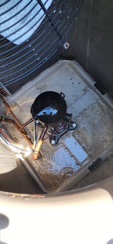 Completed comprehensive AC maintenance inspection on outdoor condensing unit. Examined condenser coil assembly, confirming fins are clean and free of debris with adequate airflow through protective grille. Documented standing water accumulation in condensate drain pan with visible sediment and discoloration, indicating potential drainage restriction requiring attention during future service visit.