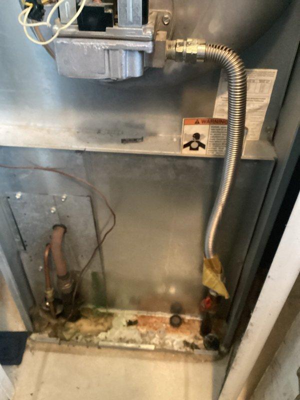 Conducted comprehensive assessment of residential air conditioning system with reported compressor failure. Upon inspection, confirmed compressor was non-operational despite recent capacitor replacement by homeowner. Evaluated complete system components, documented existing equipment specifications and installation configuration in utility closet location, and photographed unit condition including interior cabinet components, gas valve assembly, copper refrigerant lines, and condensate pan showing accumulated debris and corrosion. Provided detailed estimate for air conditioning system replacement options to restore cooling functionality.