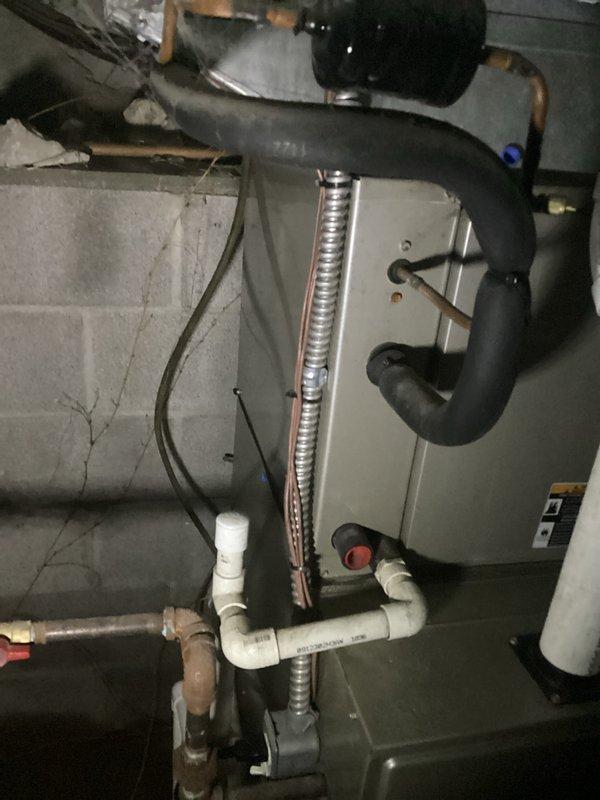 Completed replacement estimate for 15-year-old Carrier HVAC system with failed blower motor. Assessed existing furnace installation in basement utility space, including auxiliary components, refrigerant lines, PVC condensate drainage system, and flexible ductwork connections. Documented current equipment configuration and provided replacement recommendations; advised to cancel scheduled maintenance appointment if customer proceeds with system replacement.