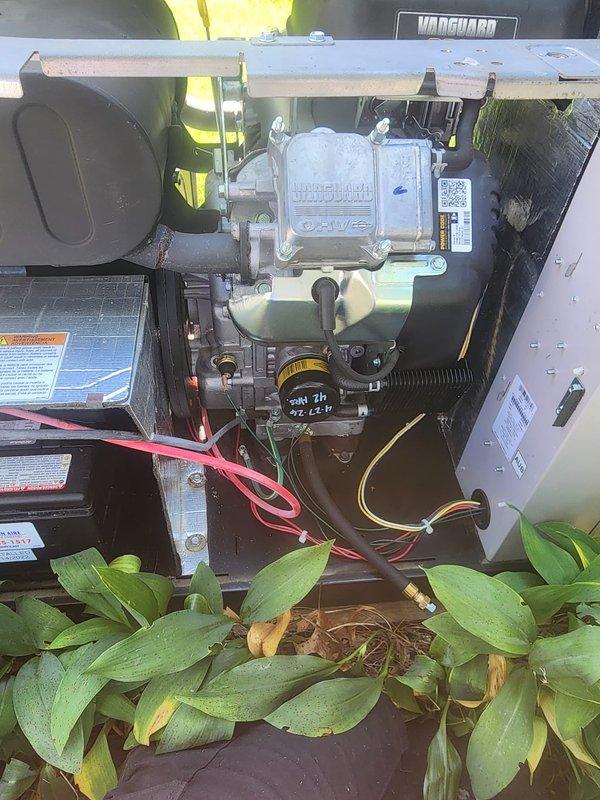 Performed scheduled maintenance on Vanguard generator following extended runtime of four consecutive days. Conducted comprehensive inspection of all critical components including gas valve assembly, ignition system, and electrical connections. Removed and replaced spark plugs showing wear from prolonged operation. Inspected Honeywell gas valve for proper function and verified all wire connections were secure. Cleaned debris and pine needles from equipment compartment. Verified all safety labels and specifications were legible. Unit tested successfully and returned to standby mode ready for next activation cycle.