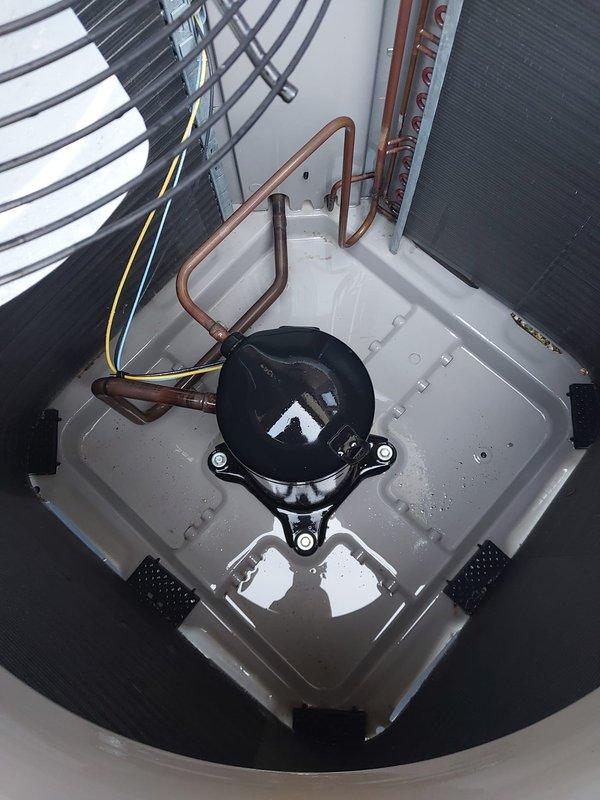 Completed scheduled AC maintenance on outdoor condensing unit. Performed comprehensive system inspection including compressor, refrigerant lines, electrical connections, and condenser coil. Unit operating within normal parameters with all components functioning properly.