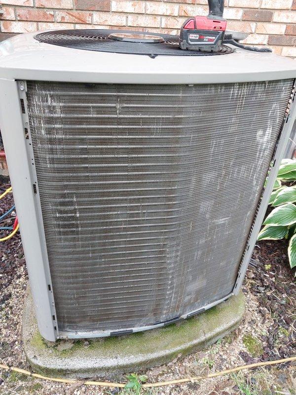 Completed preventative maintenance inspection on residential cooling system. Performed visual examination of outdoor condenser unit, documenting equipment condition including compressor assembly, refrigerant line connections, and electrical terminations. Unit operational with all components functioning within normal parameters at time of service.