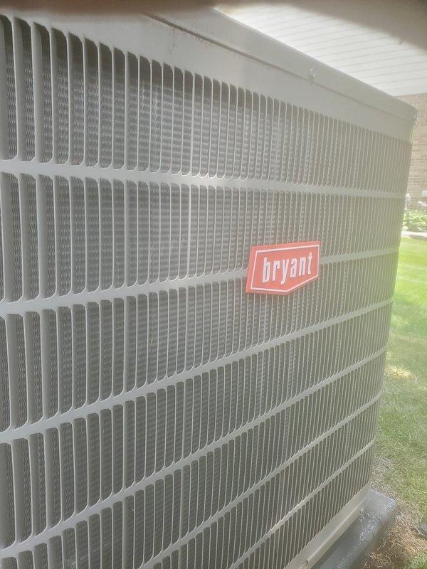 Completed routine AC maintenance on Bryant residential condensing unit. Performed comprehensive system inspection including cleaning condenser coils, checking refrigerant lines and electrical connections, and verifying proper condensate drainage from air handler. Unit operating within normal parameters with adequate airflow and no immediate service concerns identified.