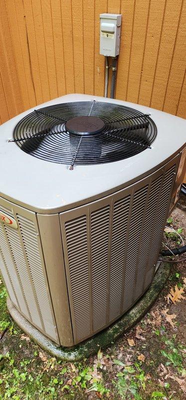 Completed scheduled preventive maintenance on residential split-system air conditioning unit. Performed comprehensive inspection of outdoor condenser unit, including visual assessment of cabinet condition, fan operation, and refrigerant line connections. Noted exterior mesh screening shows accumulated dirt and biological growth requiring cleaning attention. Unit operational and cooling system functioning within normal parameters at time of service.