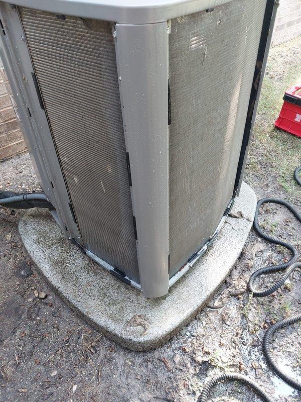 Completed scheduled cooling system maintenance on residential air conditioning unit. Performed comprehensive inspection of outdoor condenser unit, including examination of compressor, refrigerant lines, electrical connections, and heat exchanger coils. Condenser coils showed moderate dirt and debris accumulation on exterior fins, which is typical for seasonal operation. Verified proper operation of compressor and assessed condition of copper refrigerant lines and connections. All major components found to be operational with normal wear patterns consistent with regular use.