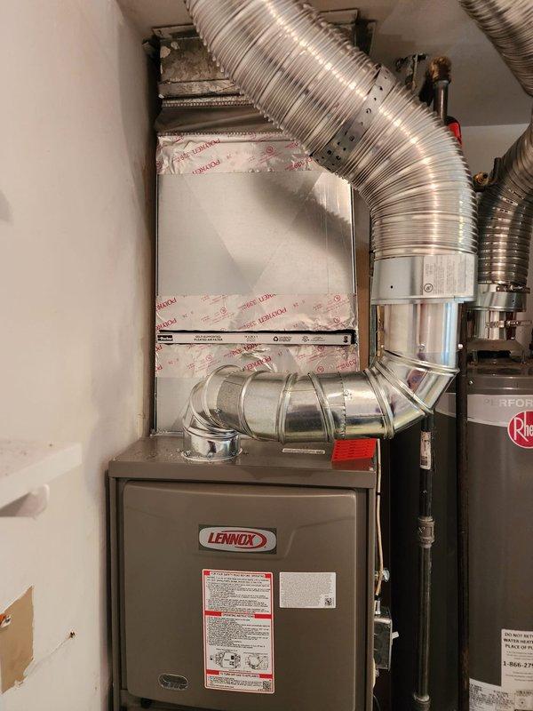Completed full HVAC system replacement including installation of new Lennox 80% efficiency downflow furnace and air conditioning system. Removed existing equipment and old humidifier per sales specifications. Installed furnace unit with proper venting, configured flexible aluminum ductwork connections, and established all necessary condensate drainage lines with PVC piping. System tested and verified operational with all safety controls functioning properly.