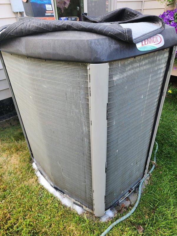 Completed routine preventative maintenance and tune-up on Lennox outdoor air conditioning condenser unit located on east side of residence. Performed comprehensive system inspection including electrical connections, refrigerant levels, condenser coil cleaning, and operational testing. Unit showed normal wear consistent with age, with some dirt accumulation on exterior grills and coils that was addressed during service. All components functioning within manufacturer specifications with no issues identified. System operational and ready for cooling season.