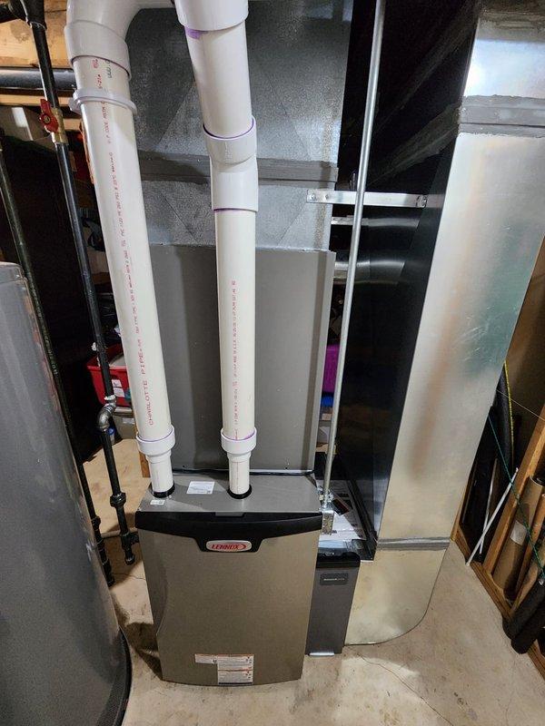 Completed full HVAC system replacement including installation of Lennox furnace, air conditioning condenser unit, S40 smart thermostat, and whole-home humidifier. Successfully reconnected interruptible service to system and verified all components are operating within manufacturer specifications.