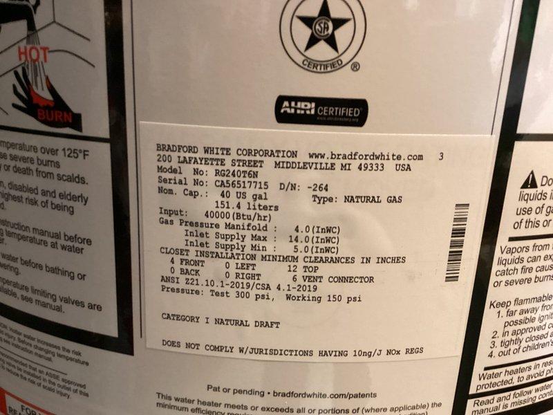 Installed a new 40-gallon Bradford White natural draft water heater, model RG240T6N, with 40,000 BTU/hr input capacity. Unit was properly positioned, vented, and connected to existing water supply and gas lines in accordance with manufacturer specifications and local plumbing codes, then tested for proper operation and leak-free performance.