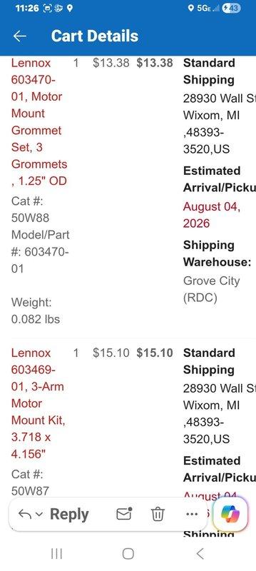 Responded to no airflow complaint and diagnosed failed blower wheel assembly that had disintegrated and separated from motor shaft. Ordered and installed Lennox motor mount grommet set (part #603470-01) and 3-arm motor mount kit (part #603469-01) to properly secure blower motor and restore proper air circulation through the system.