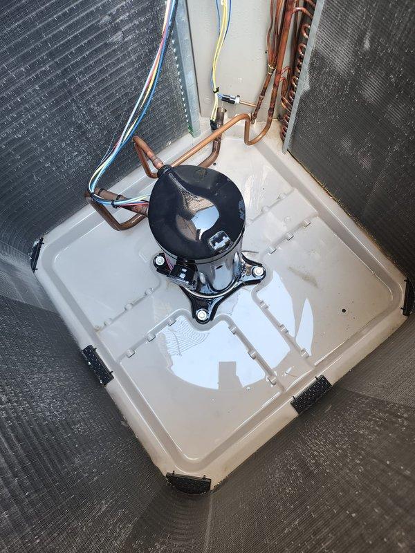 Completed routine air conditioning maintenance on residential split system. Performed comprehensive inspection of outdoor condenser unit and indoor evaporator coil assembly, verified proper operation of compressor and electrical connections, checked refrigerant lines for leaks and proper insulation, and confirmed drain pan integrity and drainage functionality. System operating within normal parameters with no issues identified.