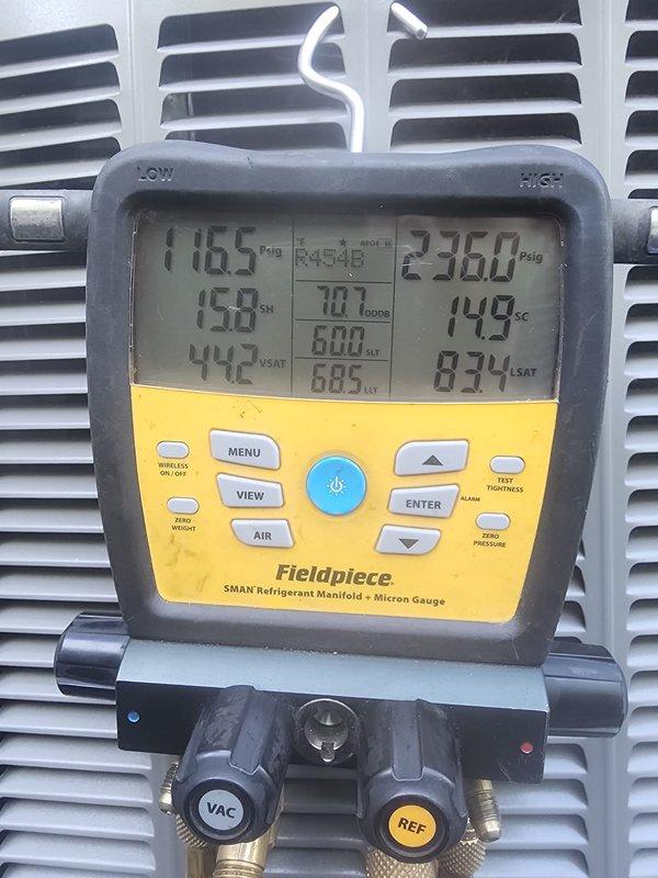 Completed preventative maintenance on both air conditioning systems, including refrigerant pressure and temperature diagnostics using manifold gauges. Addressed ongoing basement condensation leak issue by inspecting drain lines, evaporator coils, and condensate removal systems on both units. All refrigerant levels, electrical connections, and mechanical components were tested and found operating within manufacturer specifications.