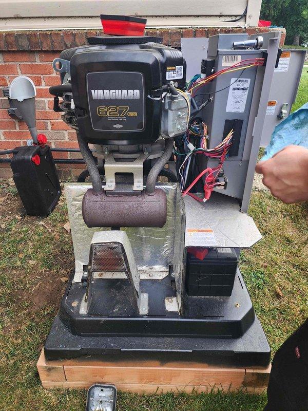 Performed scheduled maintenance on outdoor Vanguard 827cc36 generator unit. Inspected electrical control panel and internal wiring connections, identifying a failed capacitor with visible corrosion on the terminal end. Replaced the deteriorated capacitor with new component, verified all wire terminations were secure, and confirmed proper operation of the generator system upon completion.