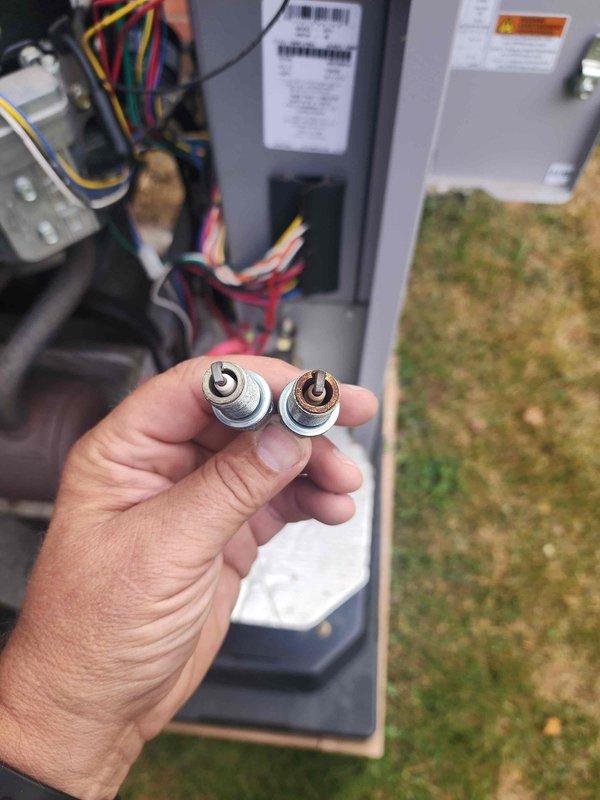 Performed scheduled maintenance on outdoor Vanguard 827cc36 generator unit. Inspected electrical control panel and internal wiring connections, identifying a failed capacitor with visible corrosion on the terminal end. Replaced the deteriorated capacitor with new component, verified all wire terminations were secure, and confirmed proper operation of the generator system upon completion.