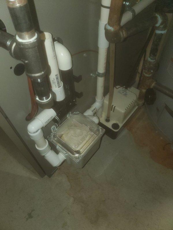 Completed scheduled cooling season maintenance on residential air conditioning system. Performed comprehensive inspection of outdoor condensing unit, verified proper operation of compressor and condenser fan, and checked refrigerant lines for leaks or damage. Inspected and confirmed proper function of condensate drainage system including drain pan and PVC drainage piping in basement utility area.